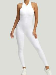 Women Tight Zipper Front Jumpsuit With Backless & Peach Butt Designs, Yoga & Fitness - White - View 3