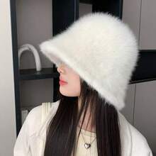 1pc Autumn/Winter Korean Fashion Warm Faux Rabbit Fur Adjustable Bucket Hat, Versatile & Warm, Fits Large Head Circumference, White Fluffy Plush Bucket Hat Winter Warm - White - View 4