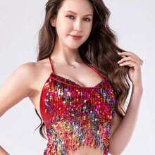 Carnival Sequin Tassel Costume Set, Belly Dance Outfit, Sequin Singer Backless Street Bar Outfit, Bohemian Style, Retro Style, Suitable For Festivals, Parties, Nightclubs, Beaches, Exotic Style Clothing Decoration - Multicolor - View 12