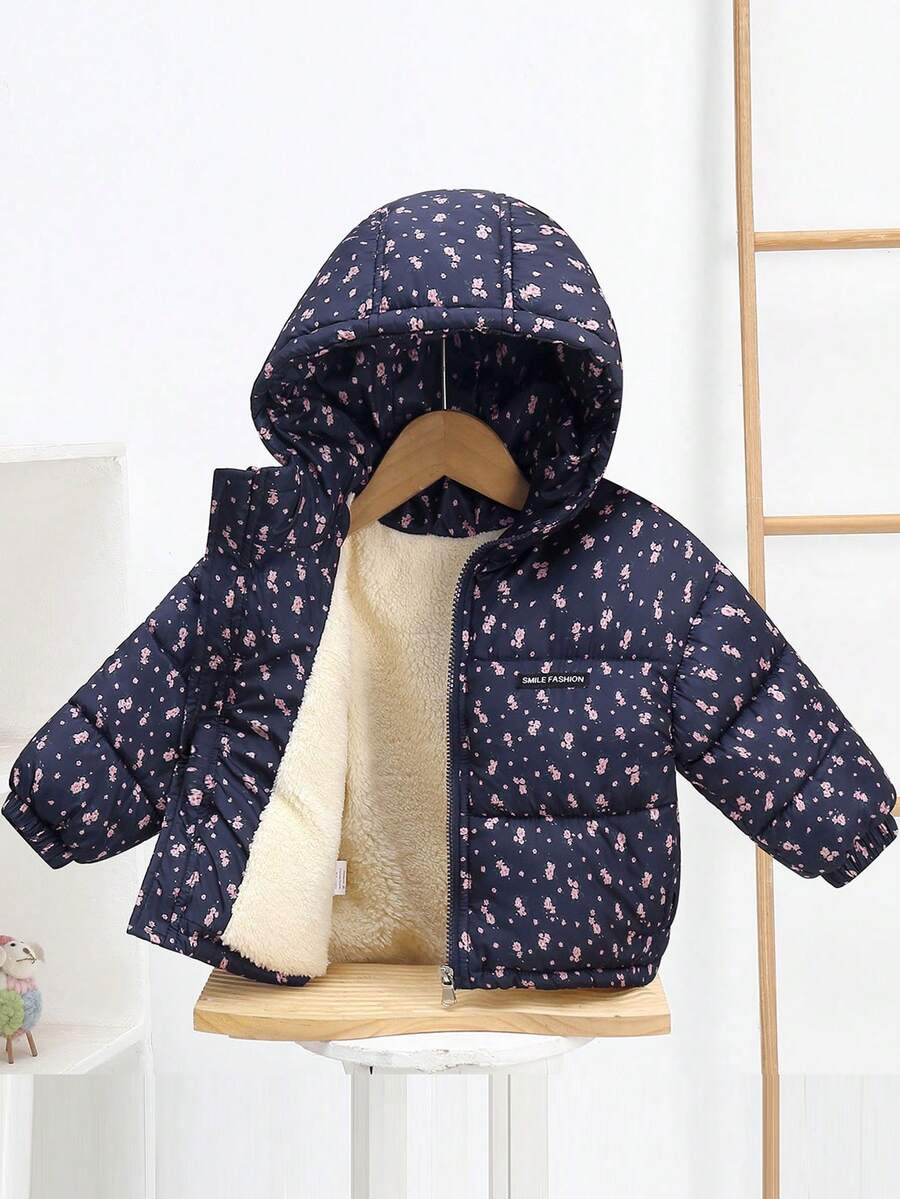 秋冬新款海军蓝碎花女婴保暖外套，带帽保暖加厚羽绒服，卡通绗缝外套 - 藍色 - 查看 1