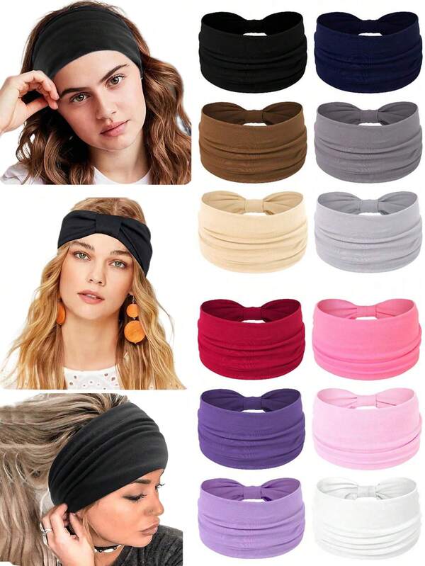 3pcs Women's Solid Color Elastic Extra Wide Twist Headbands, Popular Stretchy Fashion Headwear Fall Hair Accessories Women Bandannas Sport Head Scarf Work Out