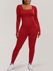 Yefecy Elegant Casual Waistline Solid Color Long Jumpsuit With Tight Fit, Square Neckline, And Plus Size For Women - 紅色 - 查看 6