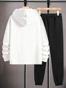 男士运动健身极简印花两件套，秋冬季，男士白色拉链连帽衫+紧身裤，公牛图案运动服套装，适合健身房和日常穿着 - 黑與白 - 查看 4