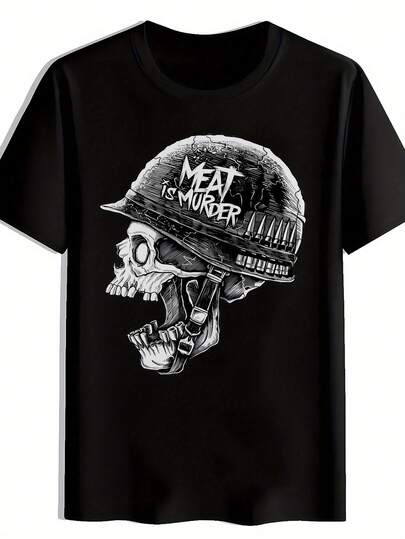 Camisetas Para Mujer Casual Negro En Oferta Hombre Playa Manga Corta estilo gráfico oscuro tema antimilitar imagen calavera con casco de combate y texto mensaje antiviolencia ideal para jóvenes y aficionados a la moda urbana en México