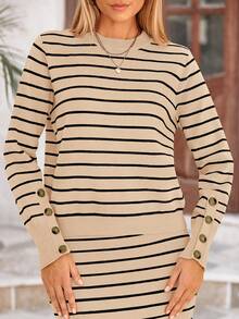 Women's Two Striped Sweater With Long Sleeve Knit Pullover Pencil Skirt Matching Travel Wear - Sọc kaki - Xem 5