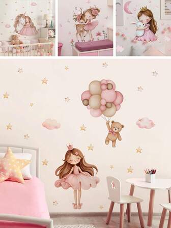 1/ 2 Sheets Cute Princess Teddy Bear Wall Stickers - 4 Styles Princess Decals,Removable Nursery Decals For Baby Girl Room Decor, Pink Gold Theme, Dreamy Wall Art & Cute Animal Stickers & Stars Clouds Balloons Design