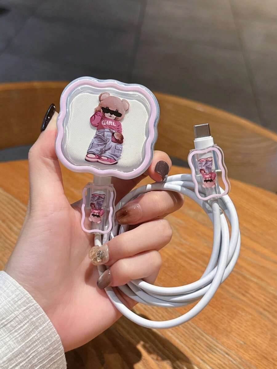 Bộ 3 vỏ bảo vệ cáp sạc dữ liệu họa tiết sóng, thiết kế hình gấu bằng kính sơn UV, phù hợp với bộ sạc nhanh Apple 20W của Anh - Nhiều màu - Xem 1