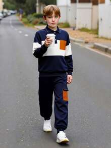 2 件套男童复古拼色长袖 Polo 衫和休闲舒适长裤套装，户外时尚服装