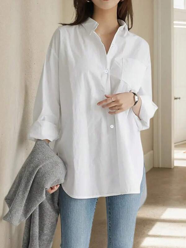 قميص نسائي فضفاض أنيق بأكمام طويلة للمكتب، بلوزة كاجوال أحادية اللون بتصميم بسيط للعمل
