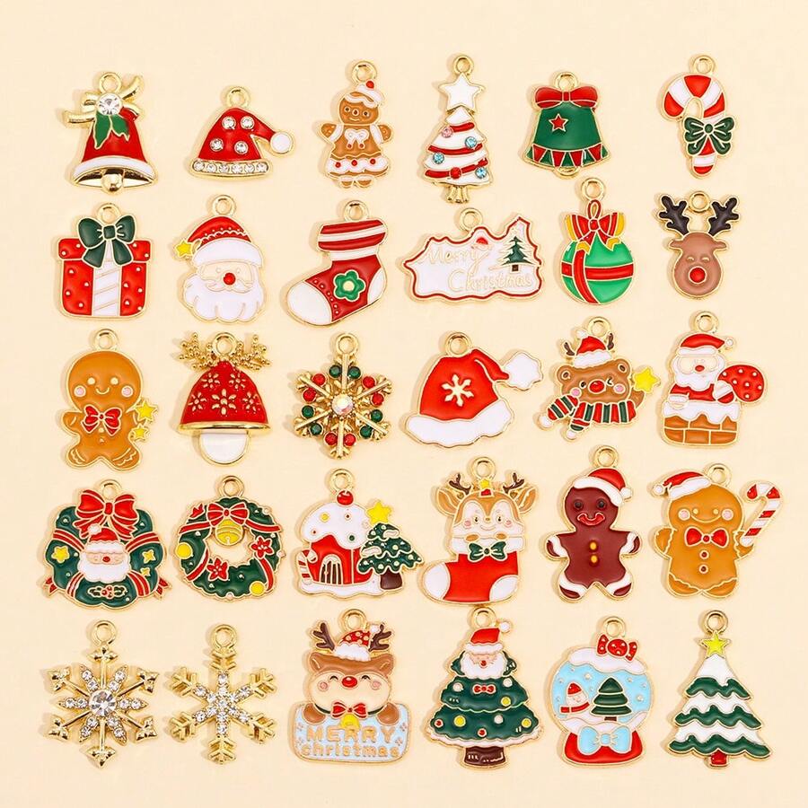 30Pcs/Set Multi-Color Drip Oil Mixed Christmas Charm Pendants, Handmade Jewelry Making DIY Necklace Bracelet Keychain Accessories Christmas Gift - Multicolor - View 1