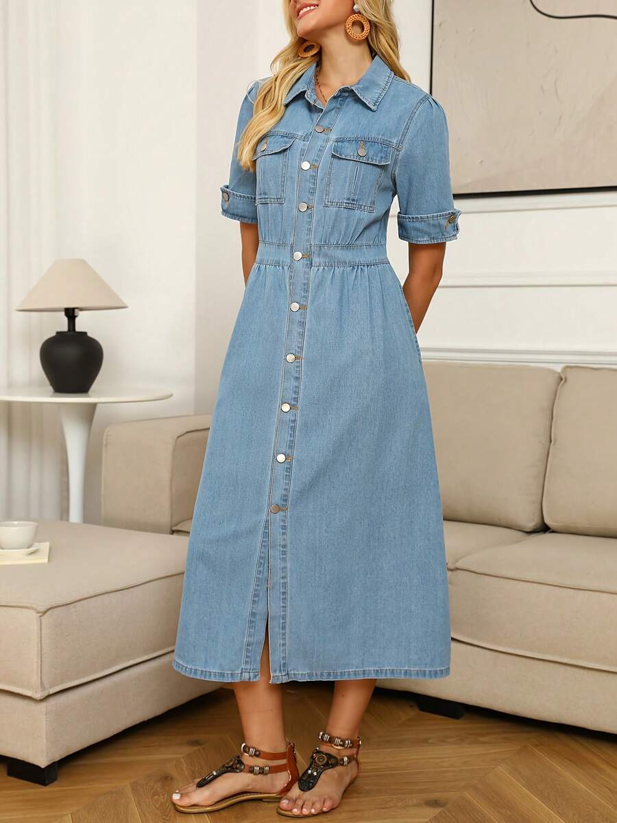 Women's Denim Shirt Dress - Long Vintage Wash Button Front Dress With Utility Pocket For Casual Style - Medium Wash - View 1