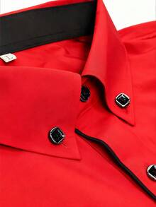 Men's Contrast Trim Long Sleeve Formal Shirt, Red Patchwork With Black - Red - View 4