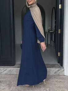 Đầm dài màu trơn, dáng suông ôm eo, thanh lịch, thích hợp cho mùa xuân. - Màu xanh lam - Xem 3