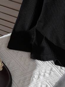 2pcs Set: Floral Lace Trim Solid Color Long Sleeve T-Shirt And Bow Print Sleeveless Midi Dress, Suitable For Outdoor, Casual Daily Wear - Black - View 9