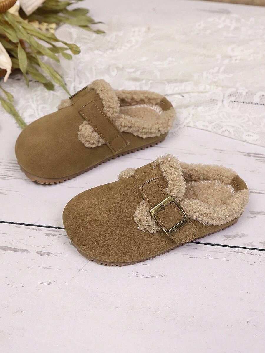 Toddler Boys/Girls Slip-On Plush Lined Flat Simple Retro Faux Fur Slippers, Suitable For Winter