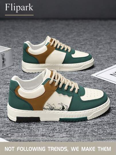 Flipark Men's Fashion Contrast Color Random Print Lace-Up Casual Flat Sneakers, Personalized Patchwork Outdoor Casual Sports Shoes, Couple Shoes