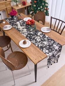 1 buc. Față de masă jacquard cu ciucuri și motive florale negre, față de masă dreptunghiulară în stil vintage american rustic, potrivită pentru zi cu zi, sărbători, reuniuni de familie, nunți, banchete, decorațiuni interioare, consumabile hoteliere de înaltă calitate, ceai de după-amiază - Negru - Vizualizare 4