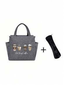 A Thermal Lunch Bag With Four Cups Of Black Coffee And A Heart, Leopard Print Pattern Printed On It,Insulated Bag With The "Lut Furst Caffee" Pattern Paired With A Black Cutlery Storage Bag