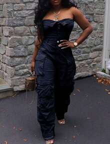 Sweet And Cool Fashion Women's Y2K Style Workwear Jumpsuit, Denim Jumpsuit, Denim Workwear, Mid Waist Non Elastic, Waist Cinching And Hip Lifting, Loose And Slimming, Suitable For All Seasons, Paired With Multi Pocket Design,  And Cool, Suitable For Back To School Season, Hot Girls, Work, Outdoor Work, Outdoor Activities, Travel, Streets, Nightclubs, Parties, Fashion Shows - 藏蓝色 - 查看 5