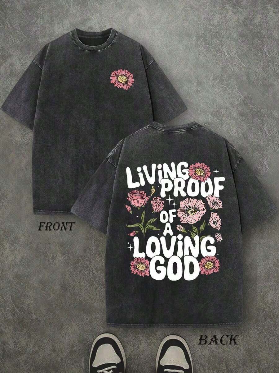 Retro Washed T-Shirt Double Sided Printed (230 Pure Cotton T-Shirt) 'LIVING PROOF OF A LOVING GOD' Letter And Flowers Pattern Print, Men's T-Shirt, Men's Casual, Comfortable, Fashionable T-Shirt, Street Style Cotton Unisex Plus Size Top - 黑色 - 查看 1