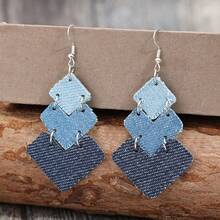 Diamond Gradient Color Matching Denim Style Geometric Splicing Multi-Layer PU Leather Personality Niche Temperament Ladies Earrings - Màu xanh lam - Xem 6