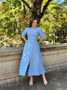 MARRANT PLAIN MIDI DRESS Simple Button Contrasted Waist WOMEN'S SUMMER FASHION - Baby Blue - View 1