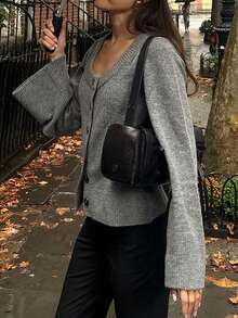 女装秋冬新款法式浪漫优雅淑女休闲百搭通勤针织开衫上衣 - 灰色 - 查看 7