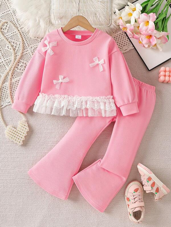 2 Stücke/Set Mädchen Frühling/Herbst Outfit, Rippstoff Sweatshirt mit Schleifen-Dekor am Saum & Weite Hose mit Spitzenbesatz, Langarm Kapuzenpullover + Weite Hose, geeignet für lässige Unternehmungen