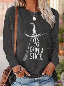 Witch Hat Yes, I Can Drive A Stick Halloween Broomstick Funny Graphic Print Long Sleeve T-Shirt, Casual Crew Neck Women Tee For Fall, Nightmare Before Christmas-Unisex Casual Vintage - Style Cotton Long - Sleeved Top - 深灰色 - 查看 1