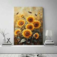 [2D Flat] 1Pc Framed Ready To Hang, Natural Abstract Flowers Painting Canvas Wall Art, Modern Retro Plant Landscape, Sunflowers With Bees Artwork Suitable For Living Room, Bedroom, Office, Dining Room Decoration Painting, Home Decor, Living Room Office Hallway Dorm Wall Decor, Posters And Prints Wall Art Pictures For Apartment Room Decor Aesthetic, Wrapped Framed Canvas Print - Màu vàng - Xem 2