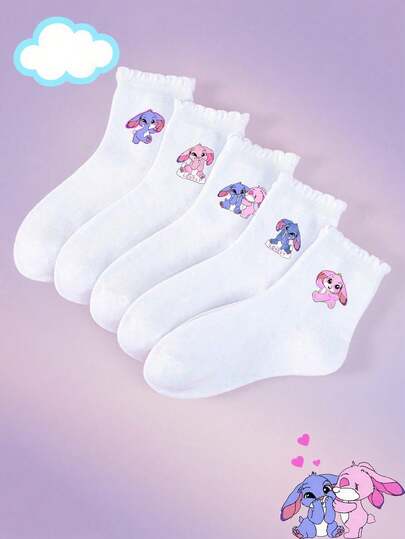 5 Pairs, Kids', White With Cute Blue & Pink Rabbit Print, Ruffle Cuff, Ruffle Cuff Socks, Bubble Socks Girls' Short Socks, Boys' Short Socks, Soft Comfortable Breathable Ankle Socks, Cute Casual Style, Novelty Socks, Fashion Accessories, Lightweight Socks