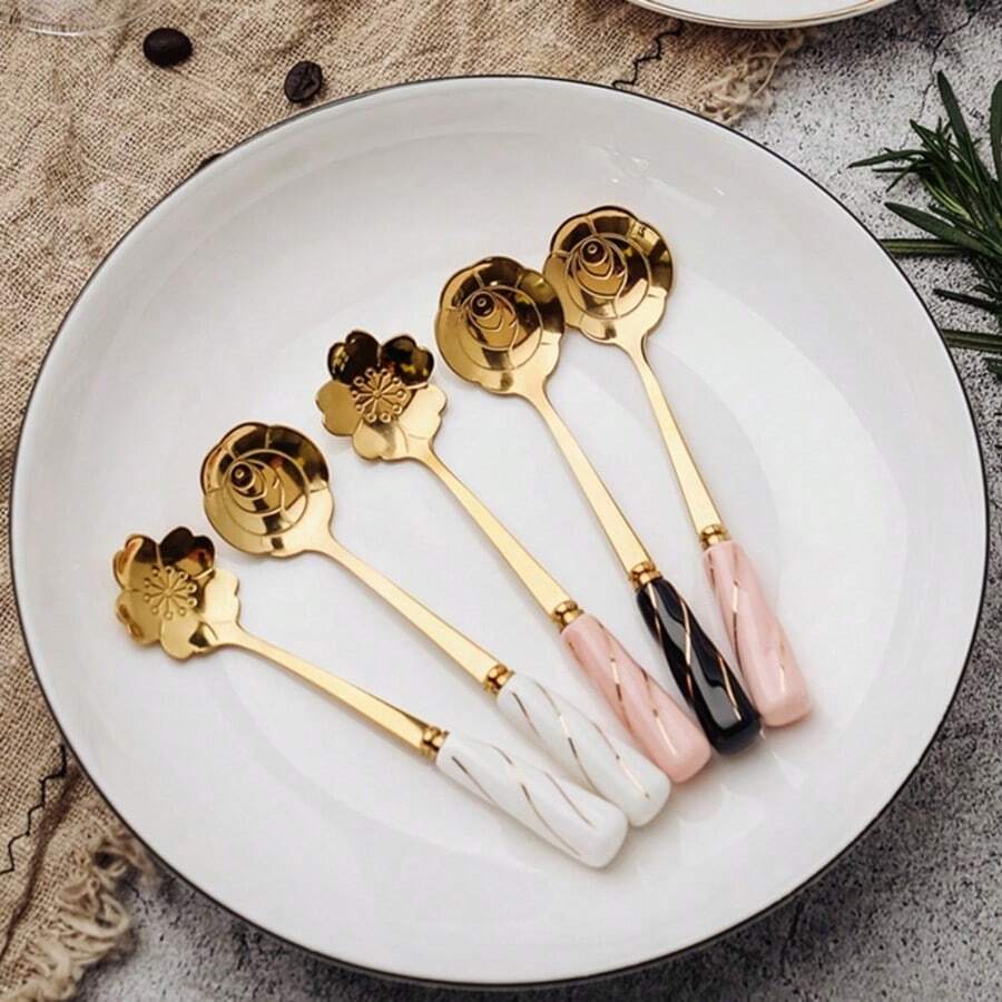 New Creative Cute Sakura/Rose Ceramic Coffee Spoon, Dessert Short Handle Stirring Spoon, Dishwasher , No Electricity Needed, Suitable For Stirring Ice Cream, Coffee, Tea - Kitchen Utensil Accessory - Multicolor - View 1
