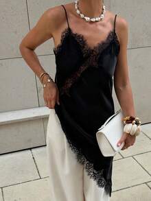 Lace Trim Satin Asymmetric Summer Party Mini Skirt, Elegant New Sleeveless Sexy Nightgown, Brown/Black Backless Dress For Women