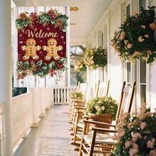 1pc Double-Sided Linen Welcome Gingerbread Couple Christmas Garden Flag - Weather-Resistant Outdoor Holiday Decoration With Festive Gingerbread Men, Red Berries & Golden Accents, No Electricity Needed For Lawn, Yard, Or Porch, Christmas Decorations Outdoor, Yard Decoration, Seasonal Home Accent