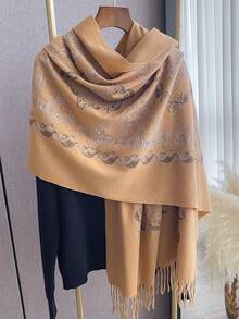 1pc Faux Cashmere High-Quality Bohemian Embroidered Scarf For Women, Fashionable & Versatile, Thick & Warm, Tasseled Embroidery Shawl Wrap, Suitable As Gift For Women/Mothers, Daily Wear