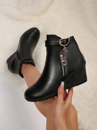 Fall/Winter Thick Sole Wedge Heel Knee-High Boots For Women, Leather Buckle Design Side Zipper, Motorcycle Boots For Outdoor, Office, Commute, Round Toe