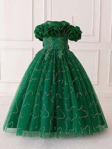 女童荷叶边露肩粉色派对礼服，花卉刺绣，生日派对，婚礼，毕业舞会，儿童优雅礼服 - 墨綠色 - 查看 4