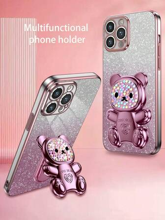 Nuevo estuche de teléfono antideslizante con electrochapado + papel de tarjeta brillante + oso de caramelo pintado a color con soporte oculto totalmente electrochapado, compatible con iPhone 17/6/7/8/X/XS/XR/11/12/13/14/15/16, Galaxy S9/S10/S20/S21/S22/S23/S24/S25, A03/A04/A05/A06A07/A17/A12/A13/A14/A15/A16/A21S/A22/A23/A24/A25/A31/A32/A33/A34/A35/A50/A51/A52/A53/A54/A55/A71,Note8/9/10