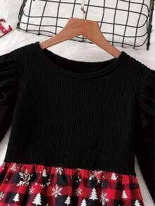 1 件女童圣诞休闲荷叶边袖圆领及膝针织连衣裙，带雪花格子图案，涤纶面料，青年节日装 - 紅色 - 查看 5