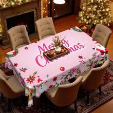 1pc Pink Christmas Theme Rectangular & Round Tablecloth, Santa Claus & Snowman Pattern Tablecloth With Red Berries, Green Pine Branches, Pink Flowers, Christmas Decor, Suitable For Indoor & Outdoor Use - Easy To Clean Holiday Dining Tablecloth, Multiple Size Options Available