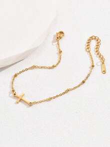 LIEBEIRIS 1pc Handmade Beach Style Cross Stainless Steel Anklet For Women, Suitable For Daily Wear And Beach, (Random Colorful, Random Number Of Gold Beads On Chain) - 黃金 - 查看 2