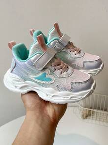 1 Pair Comfortable Soft Casual Lightweight Hook & Loop Cute Heart Breathable Woven Band Children Sports Shoes, Suitable For Various Festivals And All Seasons