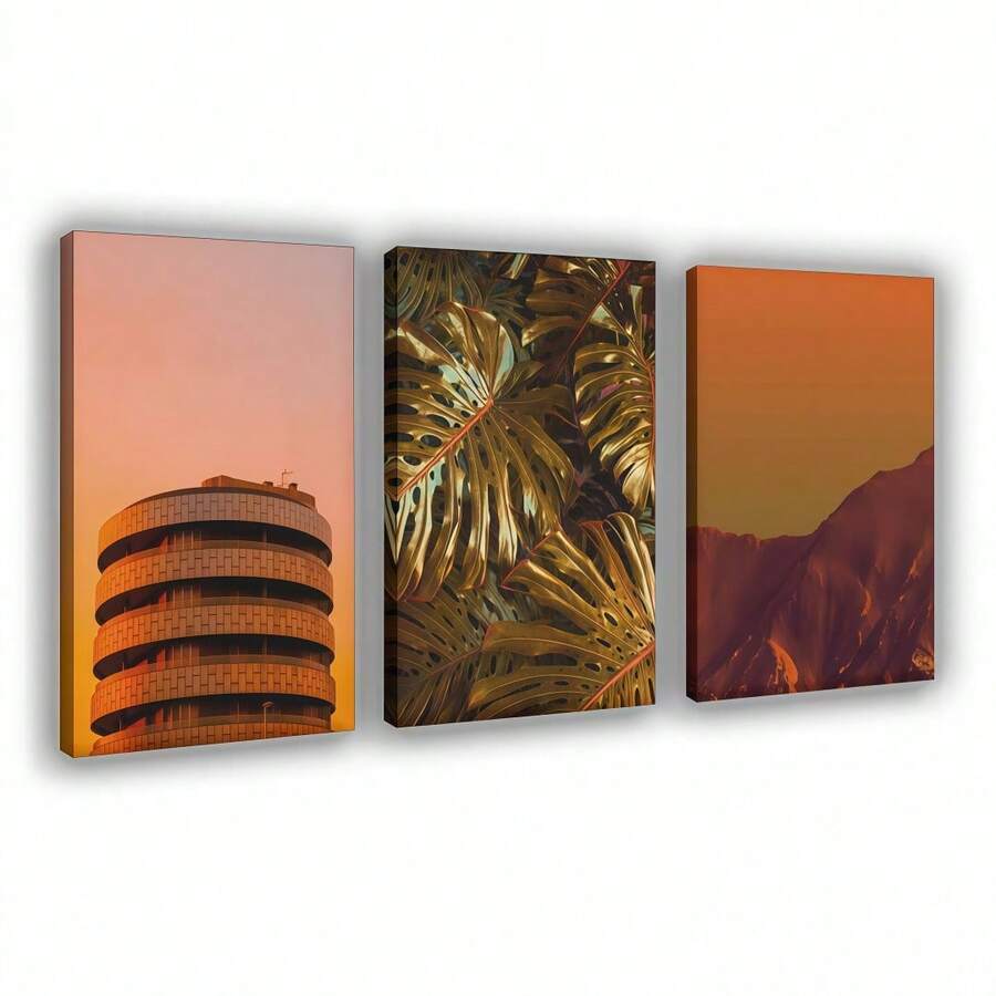 ​​Custom 3-Panel Wall Art Set - Modern Botanical & Mountain Landscape Canvas Print Trio For Office Decor, Living Room Gallery Wall, Housewarming Gift