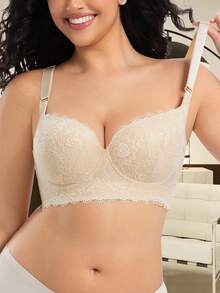 Plus Size Lace Underwire Bra - Full Coverage Supportive Lift, Sexy Embroidery Design, Suitable For Backless Tops And Daily T-Shirts - Apricot - View 4