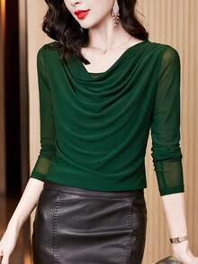 ACE4515 Fashionable Draped Neck Solid Color Long Sleeve Top - Green - View 1