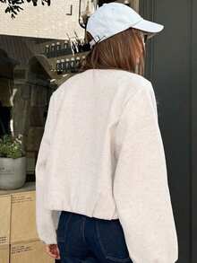 Women's Zip-Up Bomber Jacket, Short Pilot Jacket For Autumn/Winter, Black, Beige, Grey, Long Sleeve, Faux Suede Baseball Coat White Spring - White - View 5