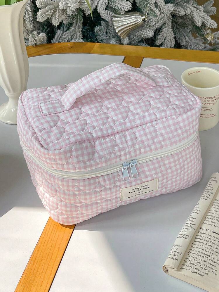 1Pc/Set Gingham Pattern Large Capacity Girls' Makeup Bags Travel Makeup Bag For Women, Fashionable Makeup Bag Set, Portable Make Up Bag ,Cosmetic Bag, Multi-Functional Storage Bag Clutch With Zipper Closure For Cosmetics, Brush, Coins, Keys, Hair Clips ,Scrunchie, Etc. Skincare Bag Toiletry Bag Travel Organizer Makeup Pouch Packing Cubes Mother's Day Gift ,Back To School Gift New Year's Gifts Christmas Gifts Bridesmaid Gifts Travel Essentials - 粉色 - 查看 5