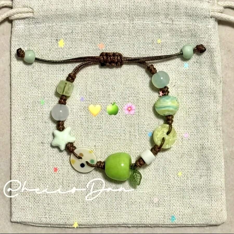 Adjustable Ceramic Apple, Planet, Starfish, Flower Elements, Ceramic, Flow Material Combination, Cute Bracelet, Suitable For School Season, Birthday, Christmas, New Year And Valentine'S Day Gifts, Give To Family And Friends, Suitable For All Scenes Halloween, Christmas Outfit Gifts, For Teenager - 青蘋果- - 查看 1
