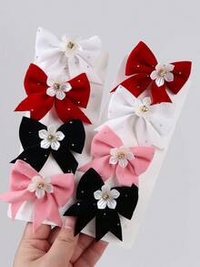 8pcs/Set Girls Plush Rhinestone Bow Hair Clips, Cute Hair Accessories Barrettes For Daily Use, Pink/White/Red - Multicolor - View 9