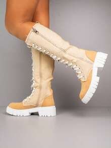 Kniehohe Winterstiefel zum Schnüren mit dicker Laufsohle - Beige - Übersicht 3